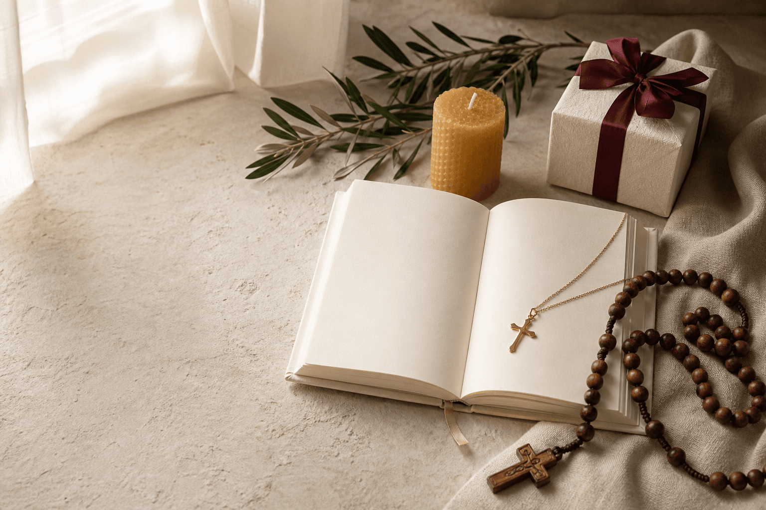 Biblia, różaniec, krzyżyk, świeca i elegancko zapakowany prezent